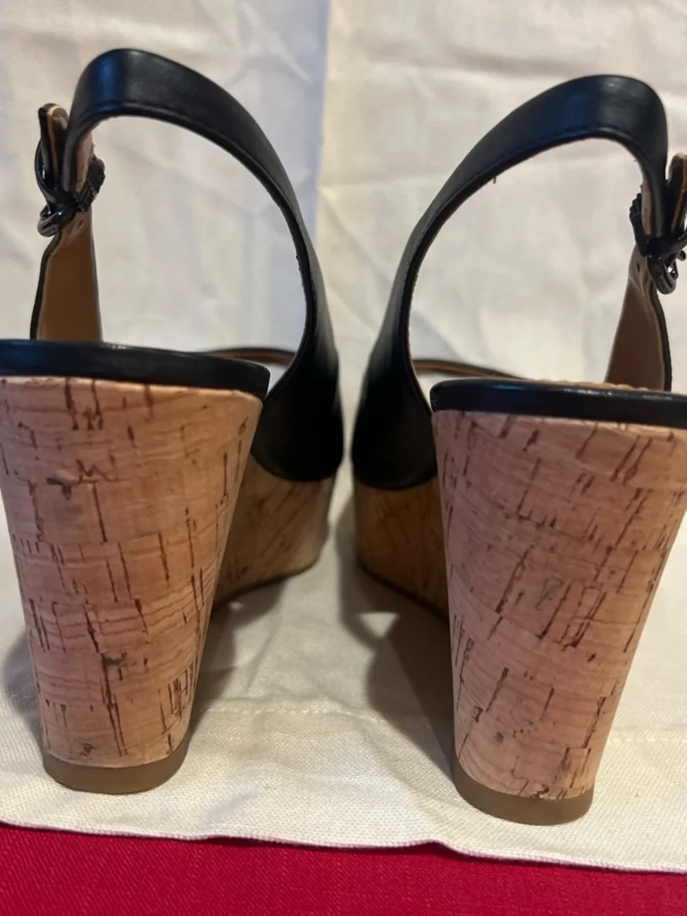 COACH Black Leather Peep-Toe Cork Wedge Slingbacks